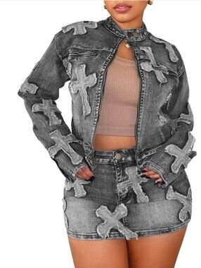 2 Piece Stretchy Patch Denim Jacket & Skirt Set